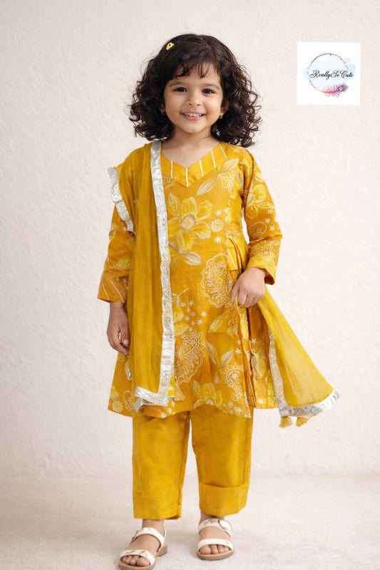 Floral Muslin Sharara Set for Girls | Soft & Breathable Ethnic Wear 3M–14Y, Gold mustard kurti sharara set