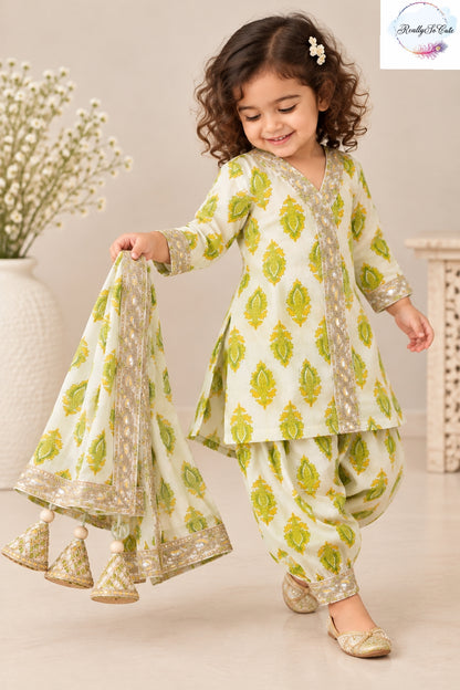 Girls Pure Cotton Green Floral Print Kurta & Dhoti Pant Set with Dupatta | 3-Piece Ethnic Wear
