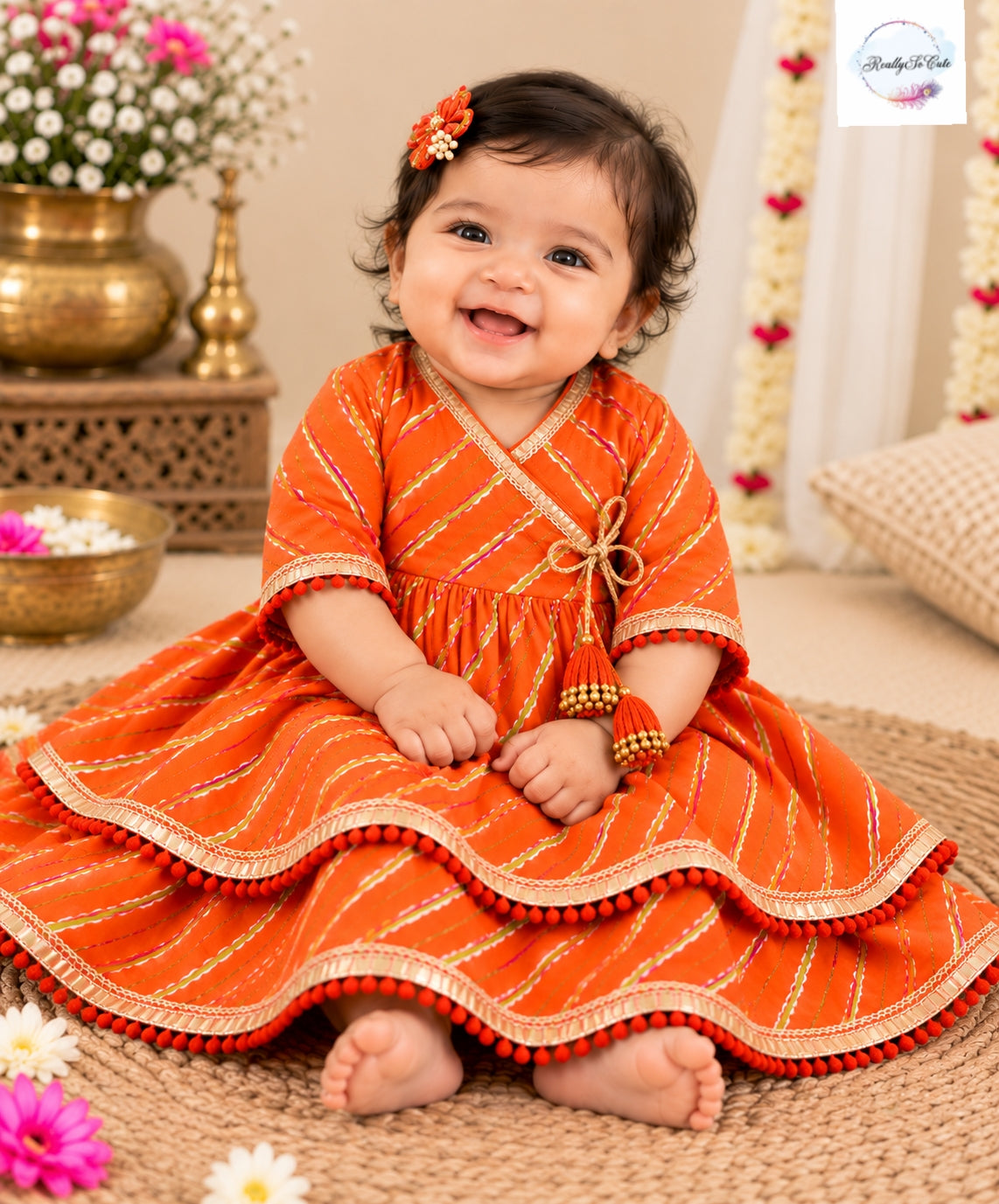 Baby Orange Leheriya Print Pure Cotton Angrakha lehagna Set | 0–2Y