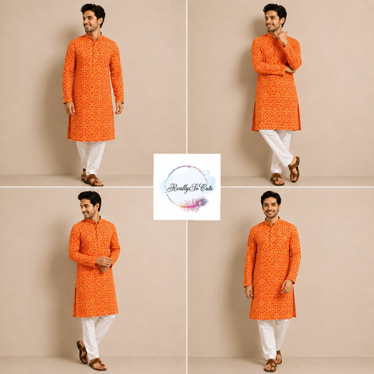 Orange Bandhani Print Pure Cotton Men’s Kurta Pajama Set | Sizes S–XXXL | Family Combo Available