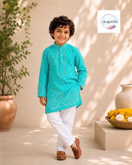 Aqua Blue Pure Cotton Mirror Work Kurta Pajama Set for Boys