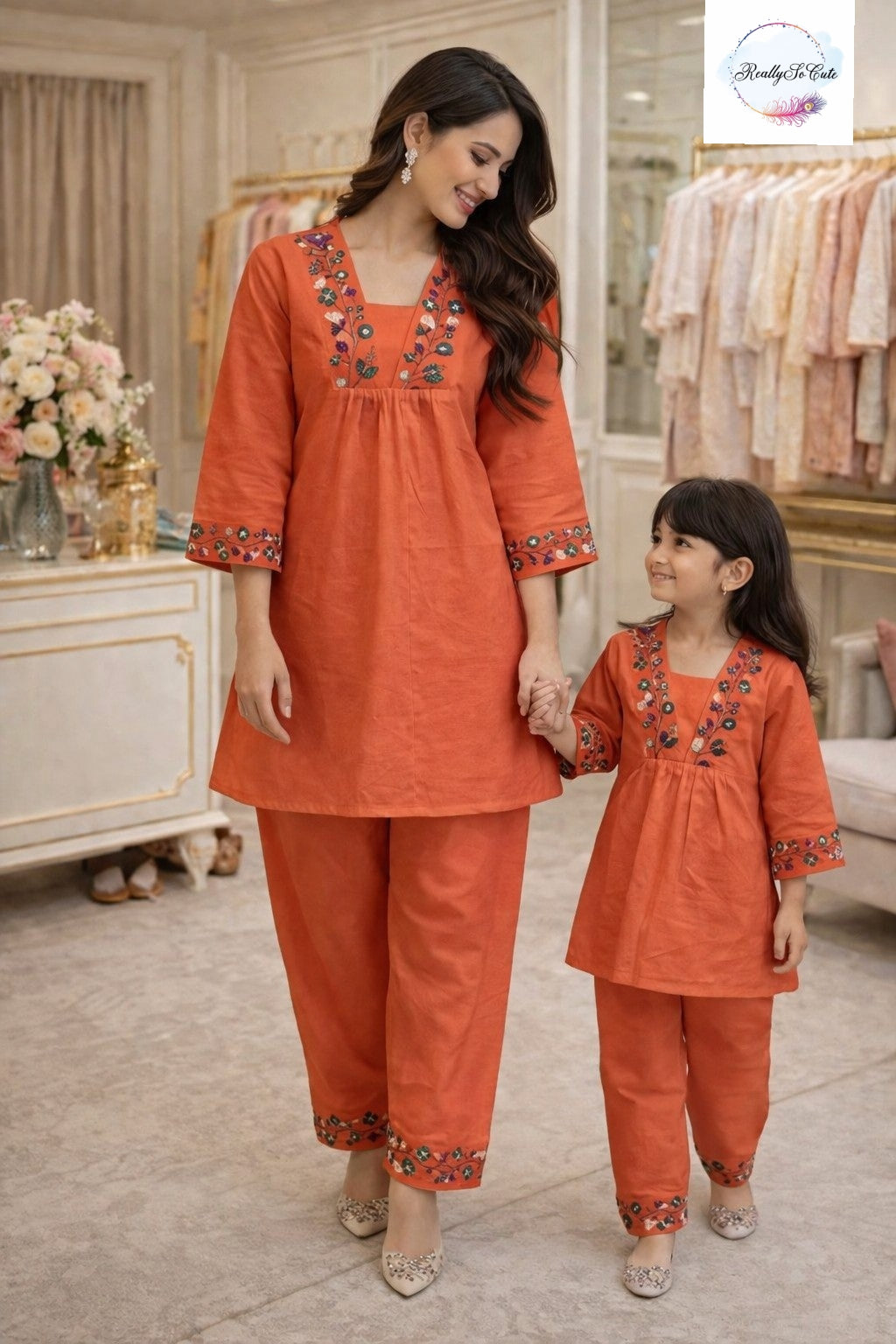 Rust Orange Embroidered Cotton Mom Co-Ord Set with Pockets | Matching Mom & Daughter Outfit