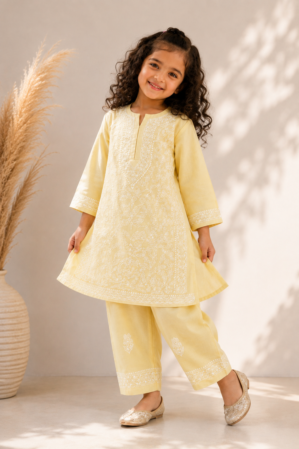Yellow Chikankari Cotton Kurta Pant Set for Girls | Kids Ethnic Wear