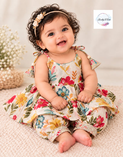 Baby Girls Floral Ethnic Wear Set (0–6 Months) | Peplum Dhoti & Kurti Sharara