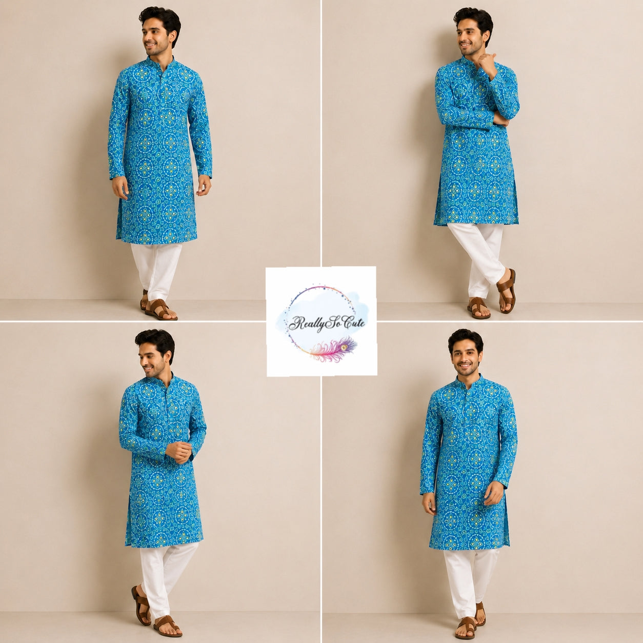 Blue Bandhani Print Pure Cotton Men’s Kurta Pajama Set | Sizes S–XXXL | Family Combo Available