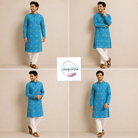 Blue Bandhani Print Pure Cotton Men’s Kurta Pajama Set | Sizes S–XXXL | Family Combo Available