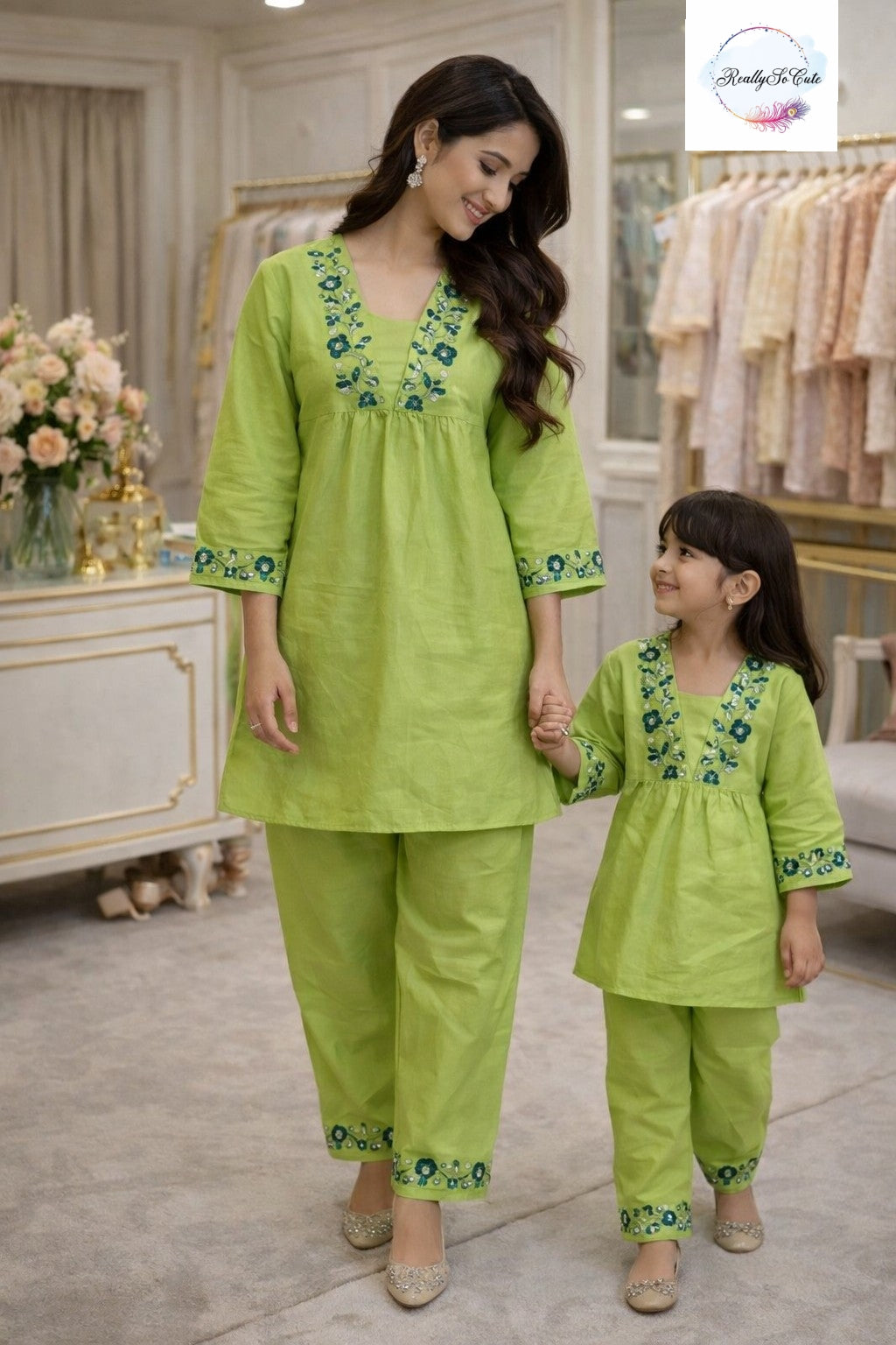 Lime Green Embroidered Cotton Mom Co-Ord Set with Pockets | Matching Mom & Daughter Outfit