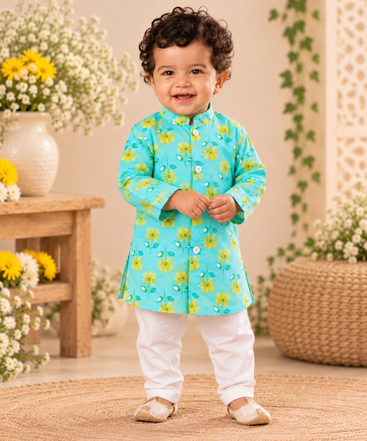 Aqua Floral Pure Cotton Kurta Pajama Set for Boys | 0M–2Y