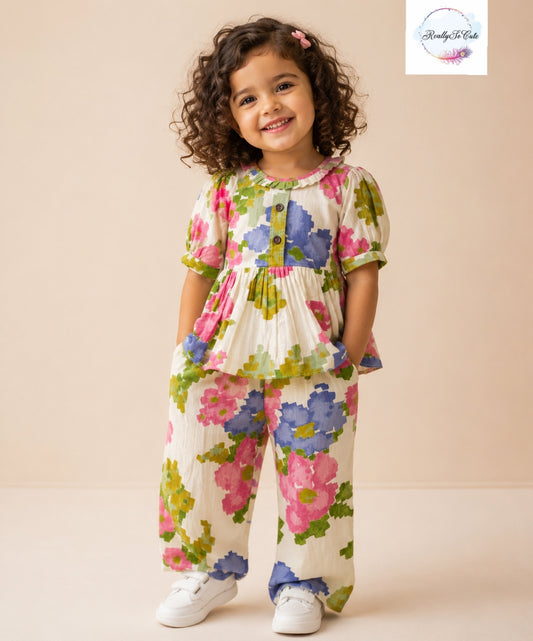 Girls Floral Cotton Co-Ord Set – Soft Summer Outfit for Kids | 18M–8Y