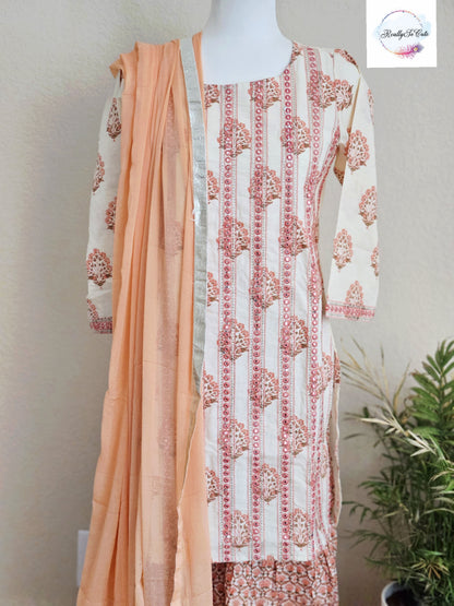 Peach Block Print Cotton Kurta & Sharara Set for Women (Mom Only), block print set