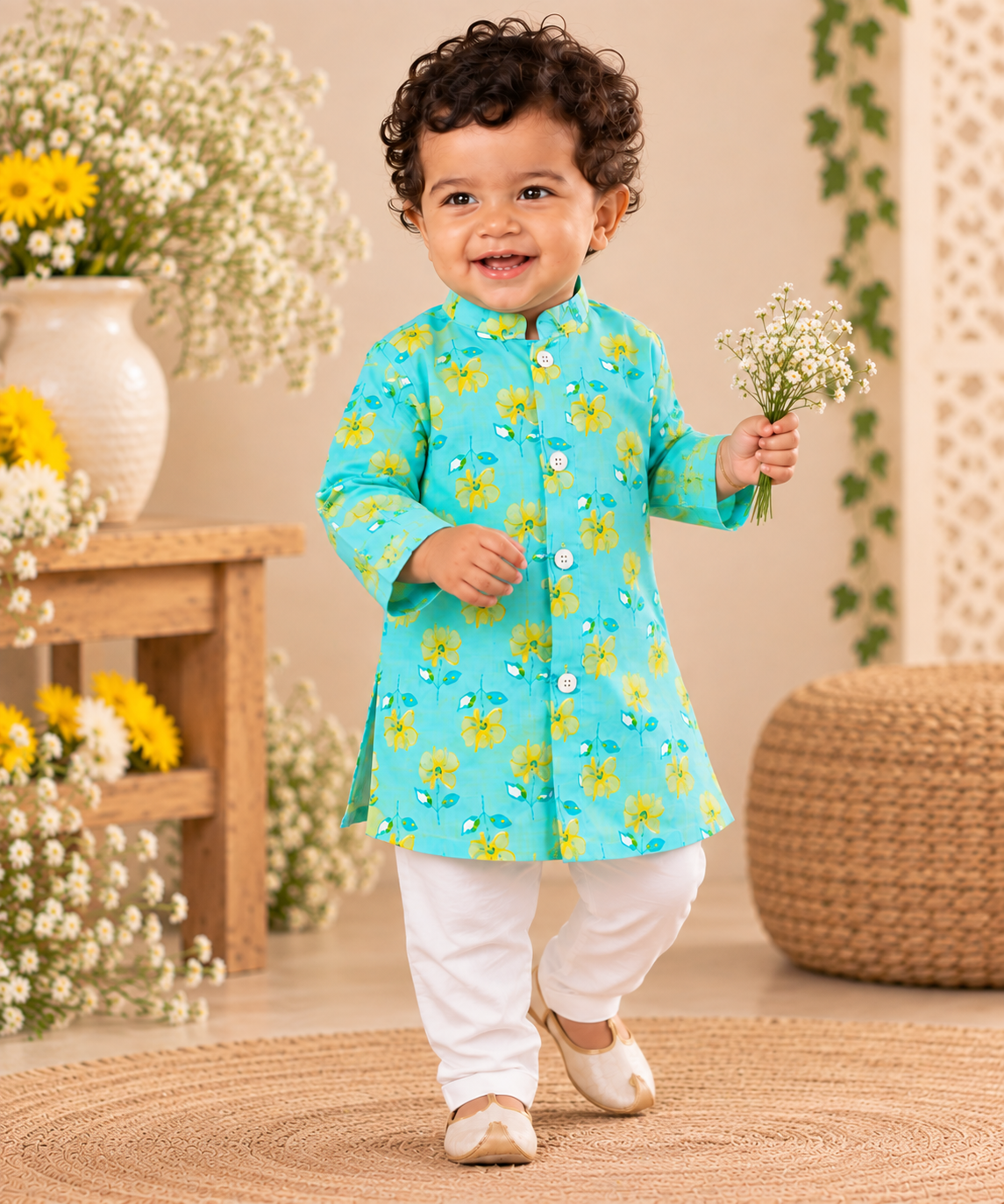 Aqua Floral Pure Cotton Kurta Pajama Set for Boys | 0M–2Y