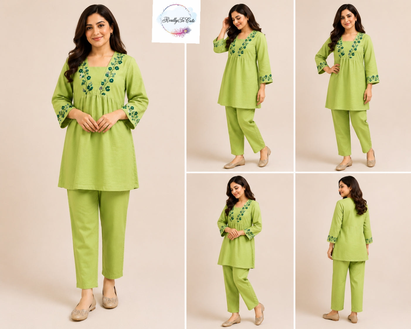 Lime Green Embroidered Cotton Mom Co-Ord Set with Pockets | Matching Mom & Daughter Outfit