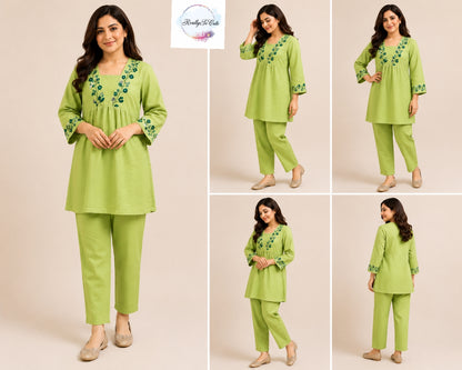 Lime Green Embroidered Cotton Mom Co-Ord Set with Pockets | Matching Mom & Daughter Outfit