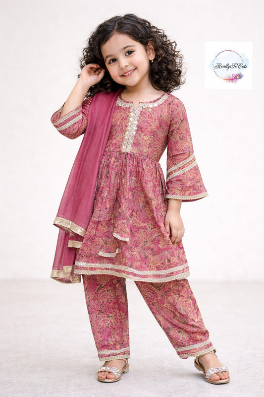 Pink Muslin Kurta Set for Girls with Pockets | Soft Floral Ethnic Wear (3M–14Y)
