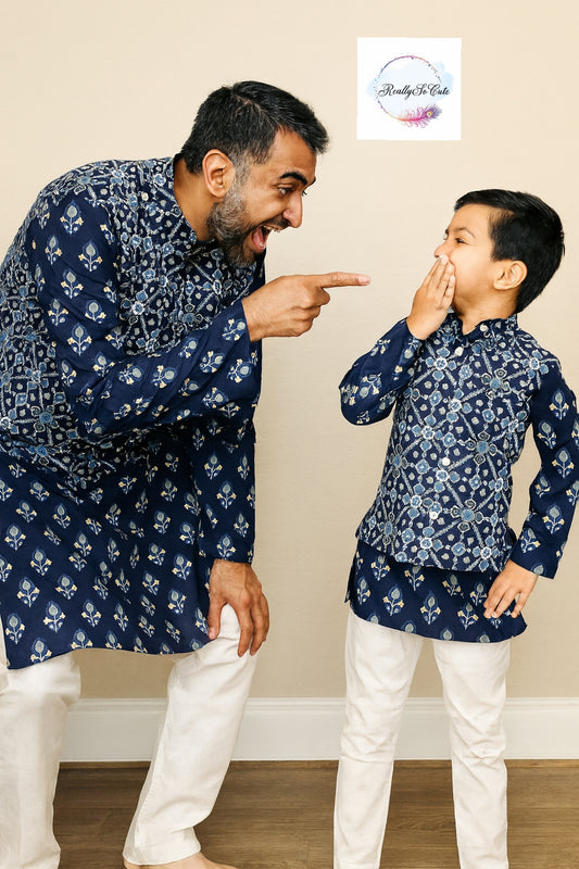 Men's patola print cotton kurta pajama, blue kurta set with jacket.