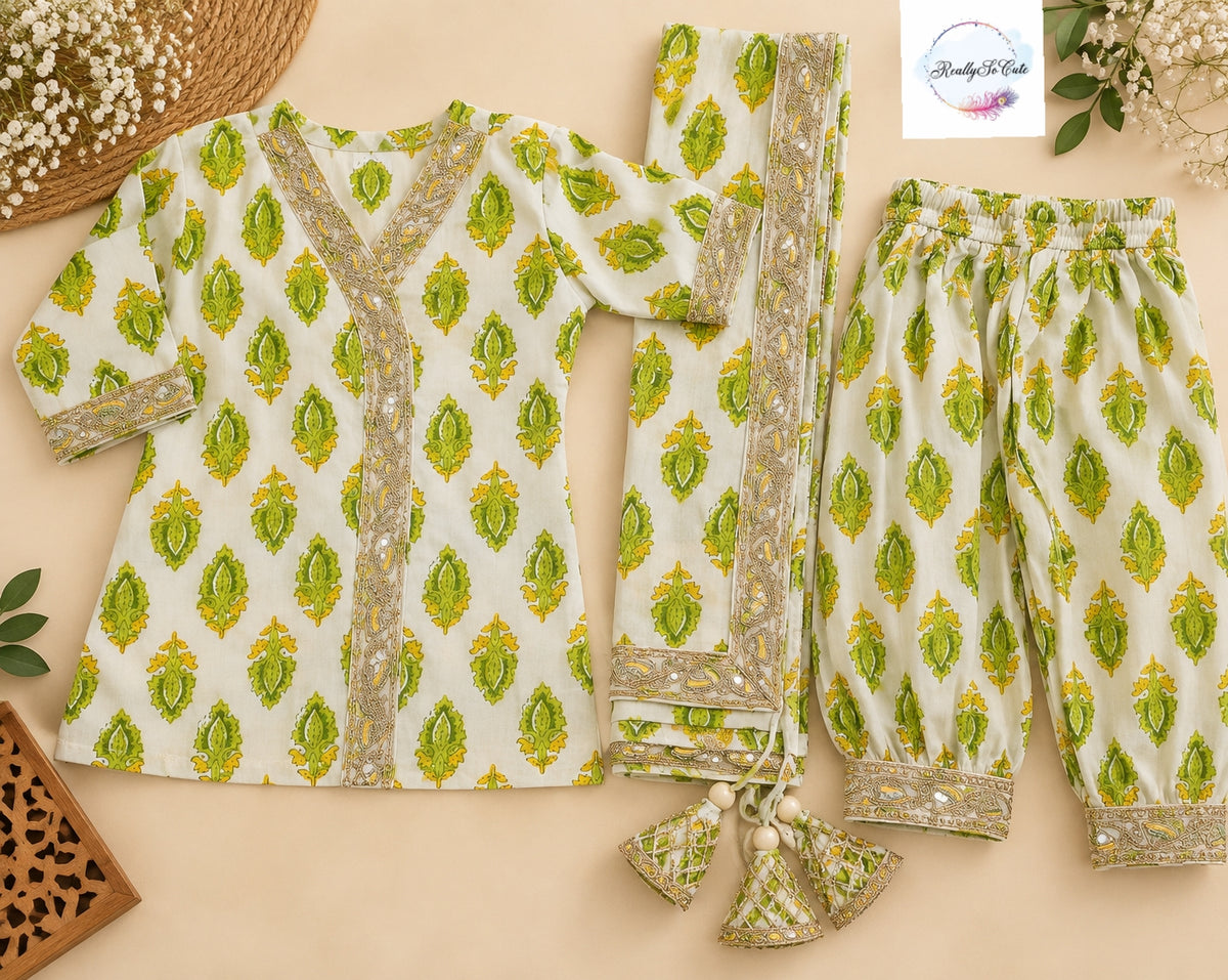 Girls Pure Cotton Green Floral Print Kurta & Dhoti Pant Set with Dupatta | 3-Piece Ethnic Wear