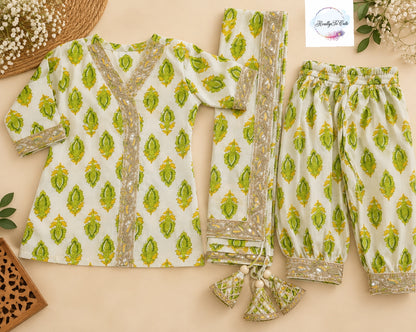 Girls Pure Cotton Green Floral Print Kurta & Dhoti Pant Set with Dupatta | 3-Piece Ethnic Wear