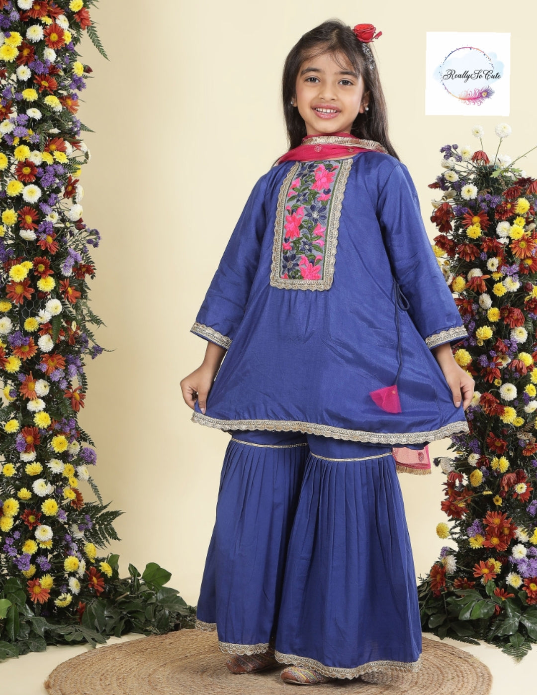 Blue chanderi kurti sharara dupatta set, Muslin silk kurta sharara