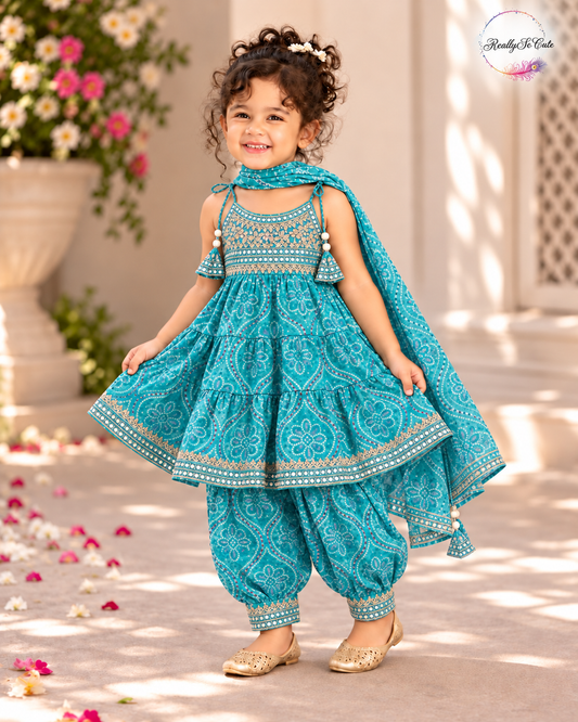 Blue Bandhani Muslin Cotton Afghan Salwar Set, sibling combo