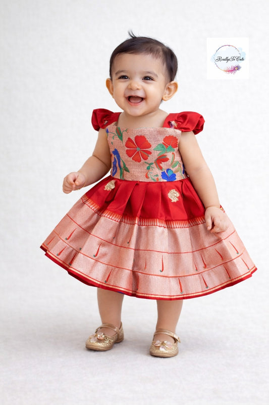Traditional paithani dresses, baby girls ethnic wear, red Paithani dress