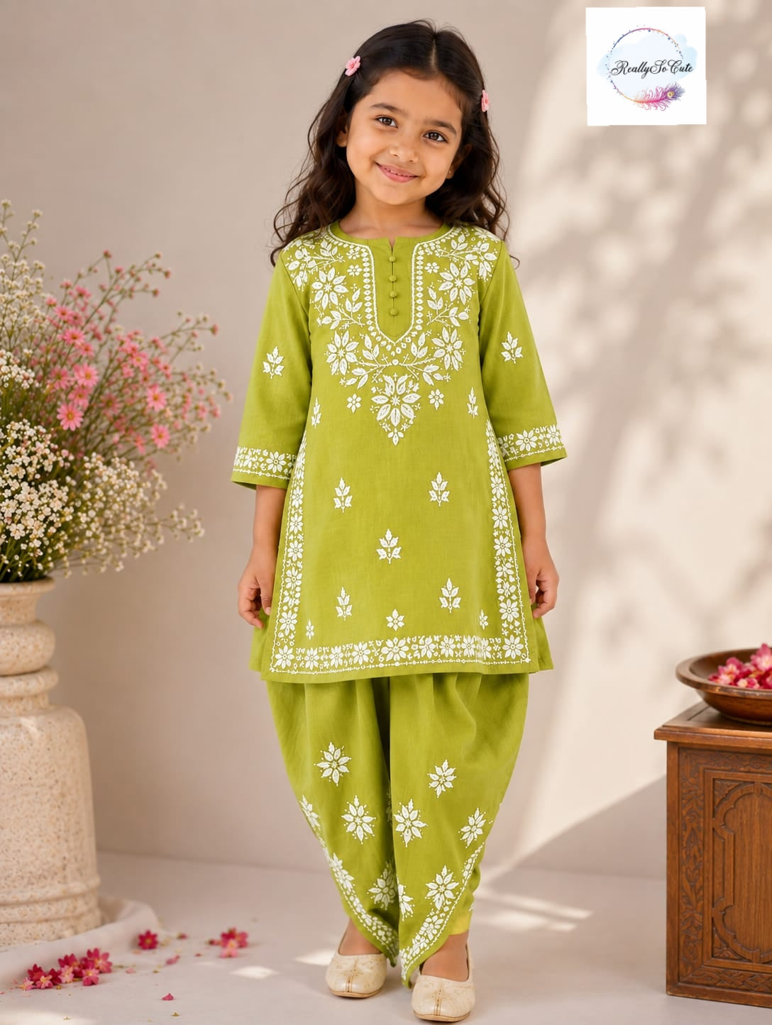 Green Handwork Chikankari Modal Cotton Dhoti Set for Girls