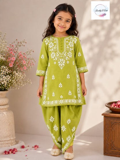 Green Handwork Chikankari Modal Cotton Dhoti Set for Girls
