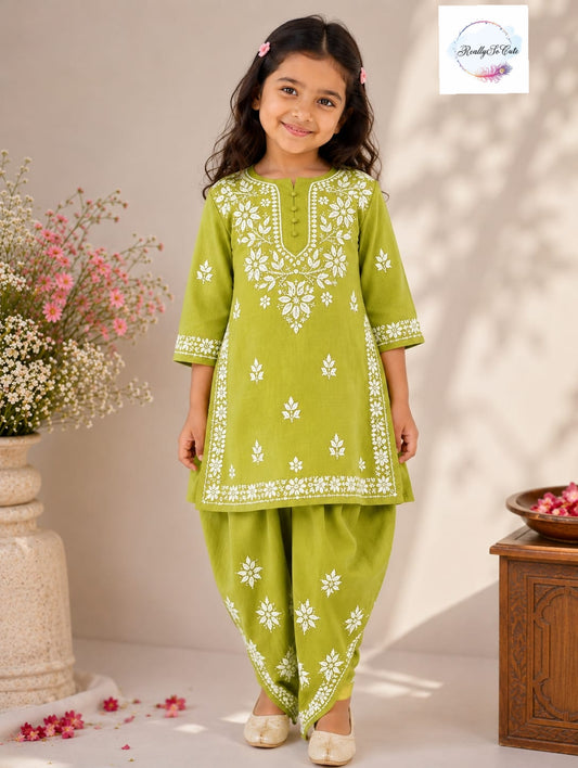 Green Handwork Chikankari Modal Cotton Dhoti Set for Girls
