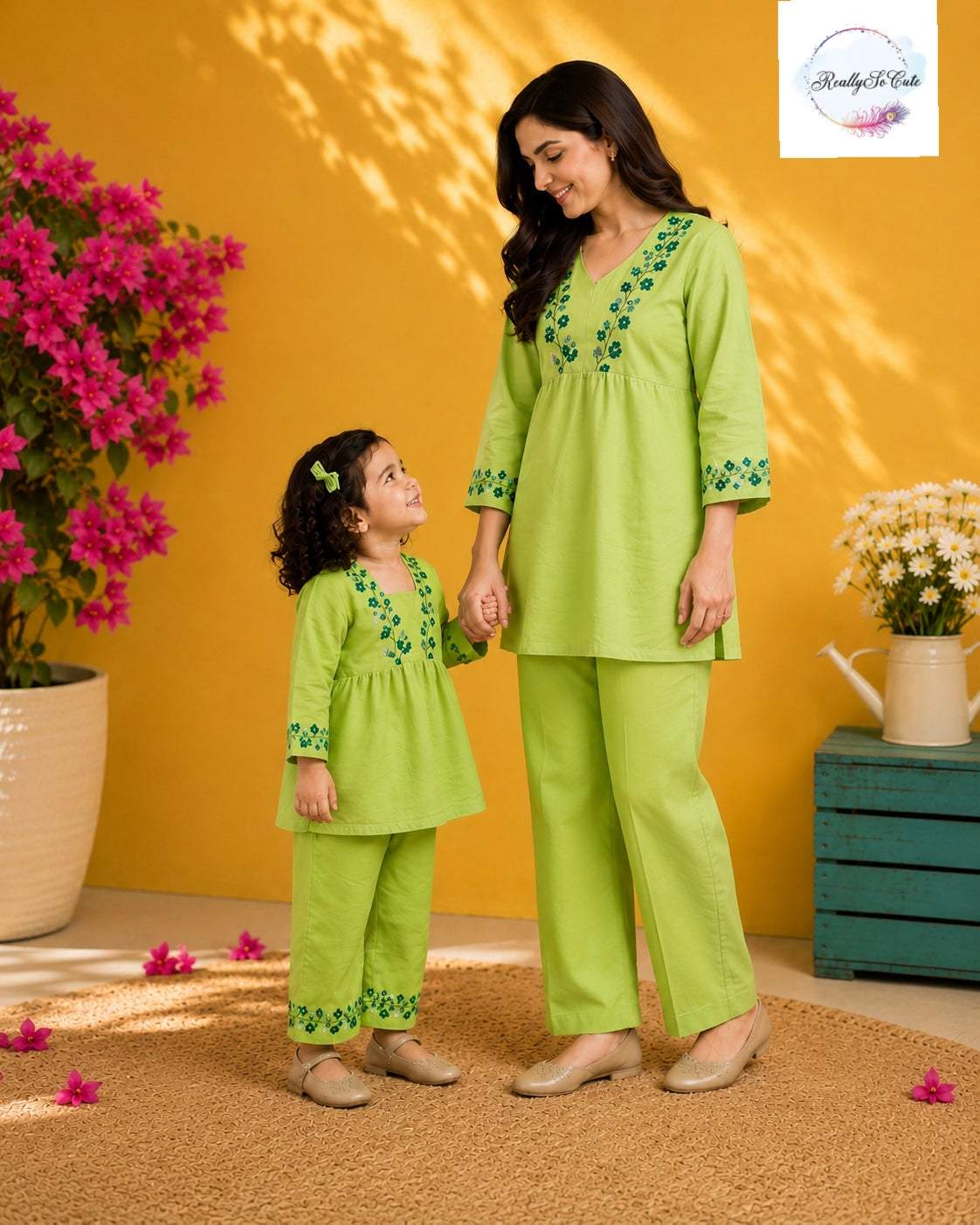 Lime Green Embroidered Cotton Mom Co-Ord Set with Pockets | Matching Mom & Daughter Outfit