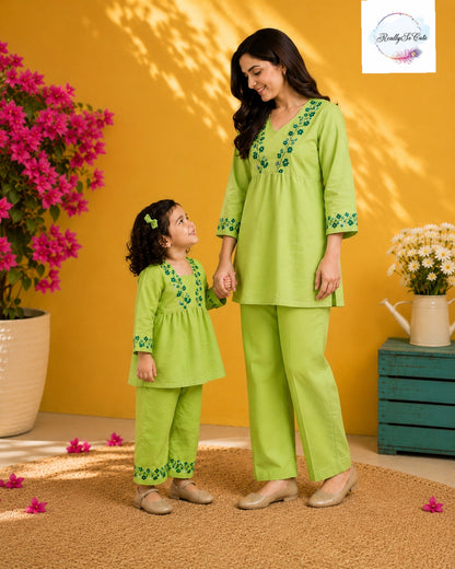 Lime Green Embroidered Cotton Mom Co-Ord Set with Pockets | Matching Mom & Daughter Outfit