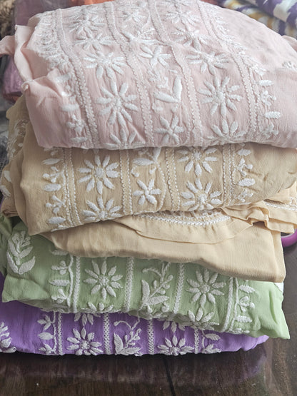 Girls Beigr Chikankari Georgette 4-Piece Sharara Set