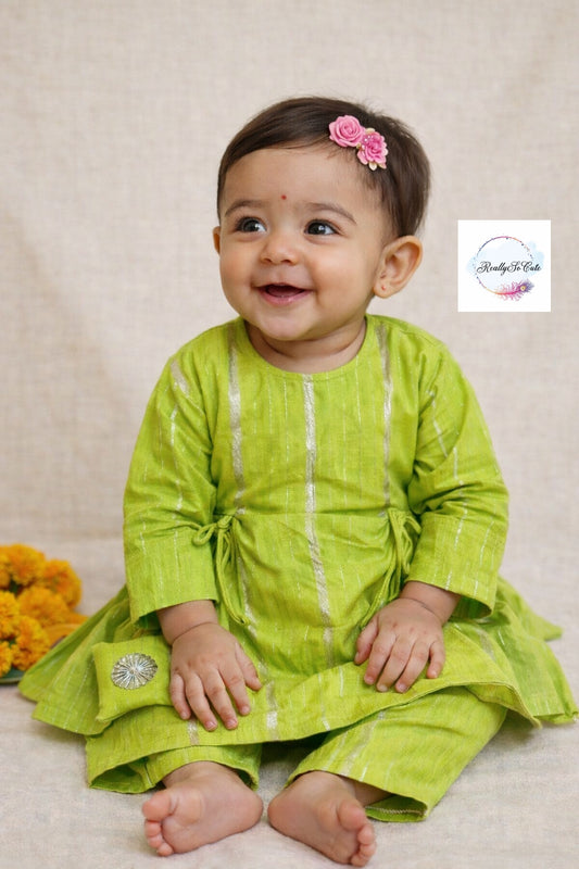 Soft cotton kurti pant co ord set, green kurti pant set