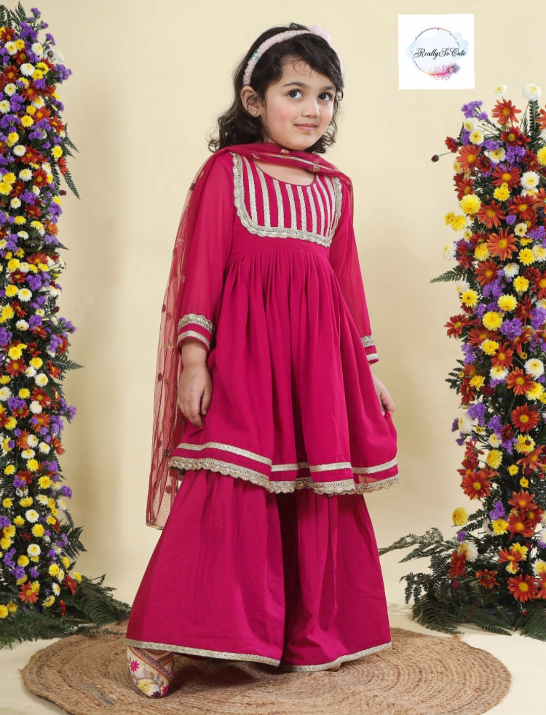 Hot pink Girls 3 piece sharara Kurti set, Soft Georgette kurti sharara set