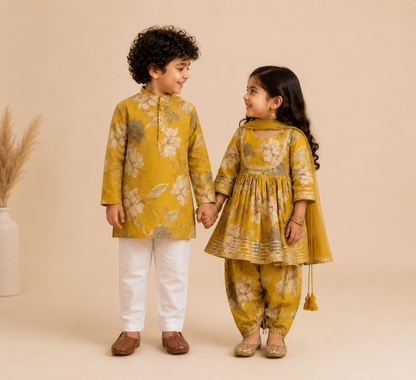 Mustard Floral Pure Cotton Boys Kurta Pajama Set | Sibling Matching Collection