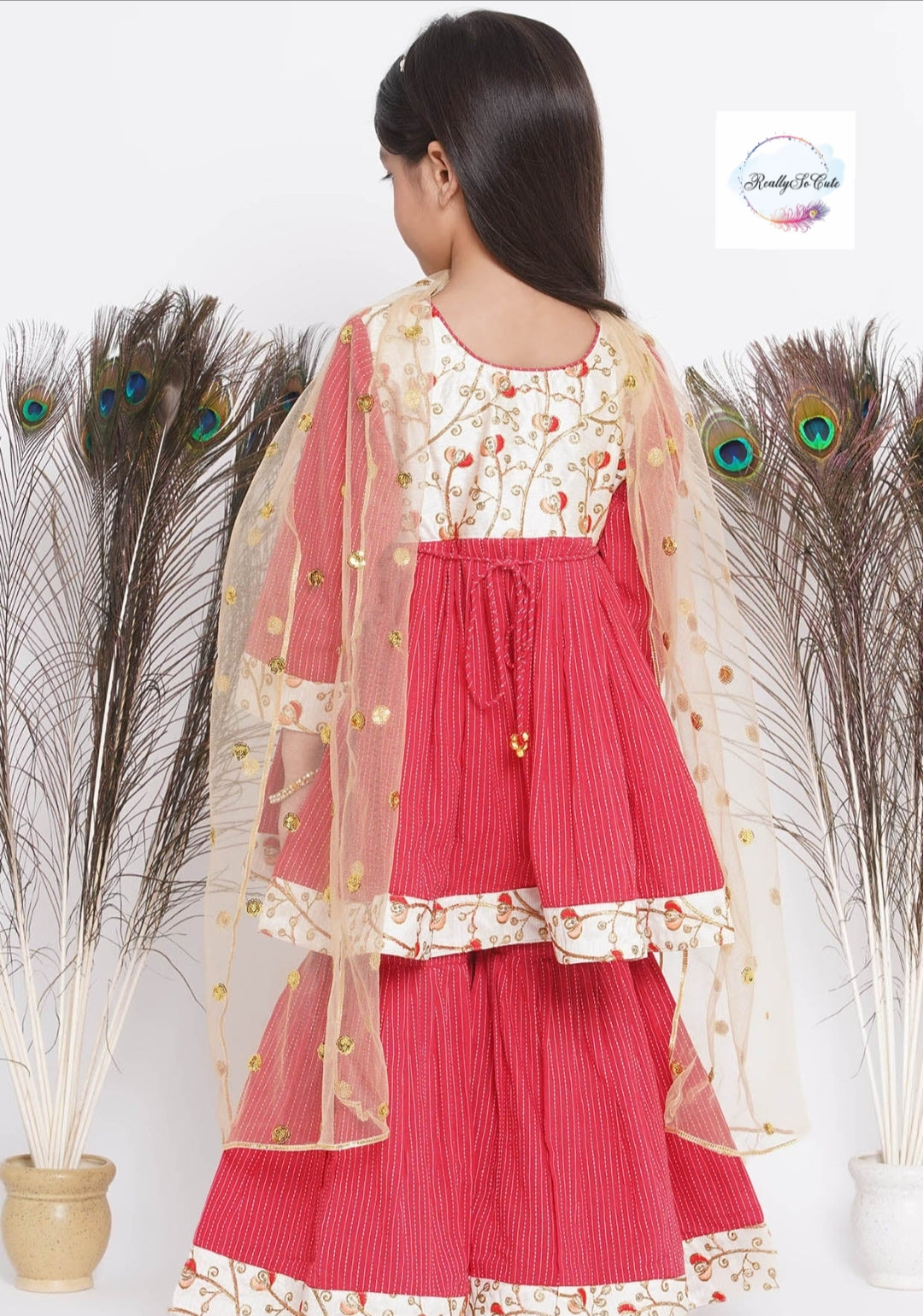 Katha soft cotton kurti sharara dupatta set. Red kurti sharara set, Pre-Order Set - Ships in 3 Weeks