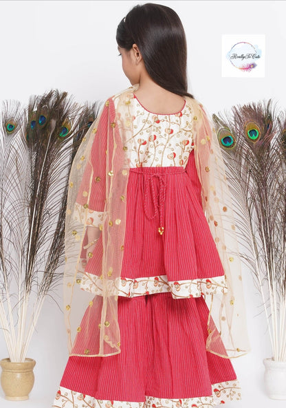 Katha soft cotton kurti sharara dupatta set. Red kurti sharara set, Pre-Order Set - Ships in 3 Weeks