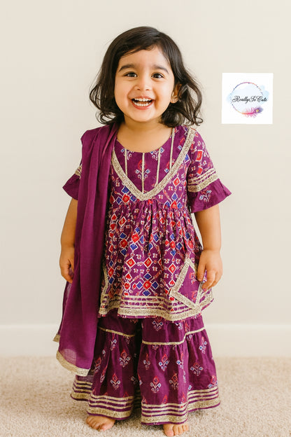 Purple patola girl kurti sharara set, cotton kurta sharara