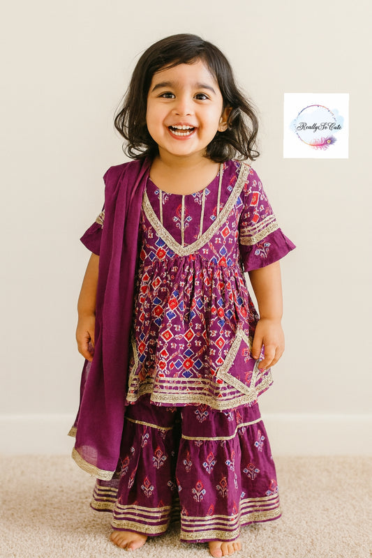 Purple patola girl kurti sharara set, cotton kurta sharara
