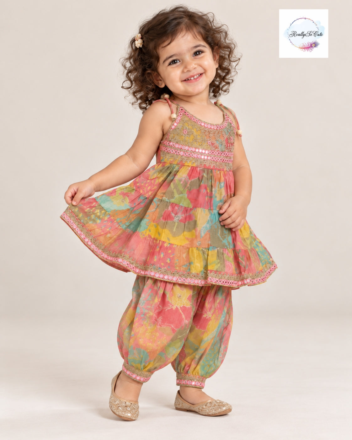 Girls Royal Floral Muslin Cotton Kurti with Afghani Pants Set | Ethnic Wear kids