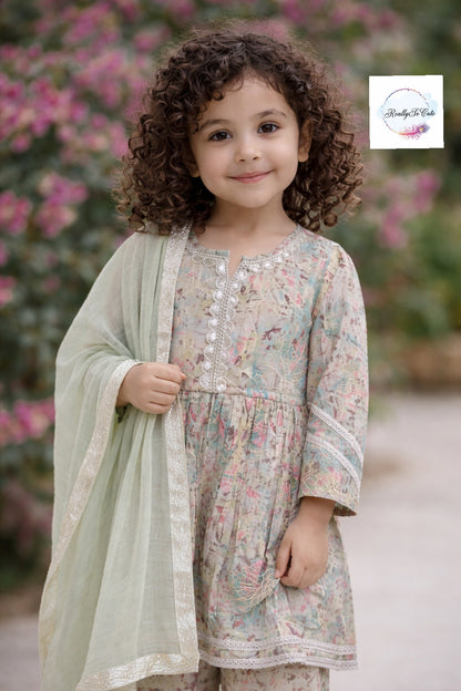 Sage green Muslin Kurta Set for Girls with Pockets | Soft Floral Ethnic Wear (3M–14Y)