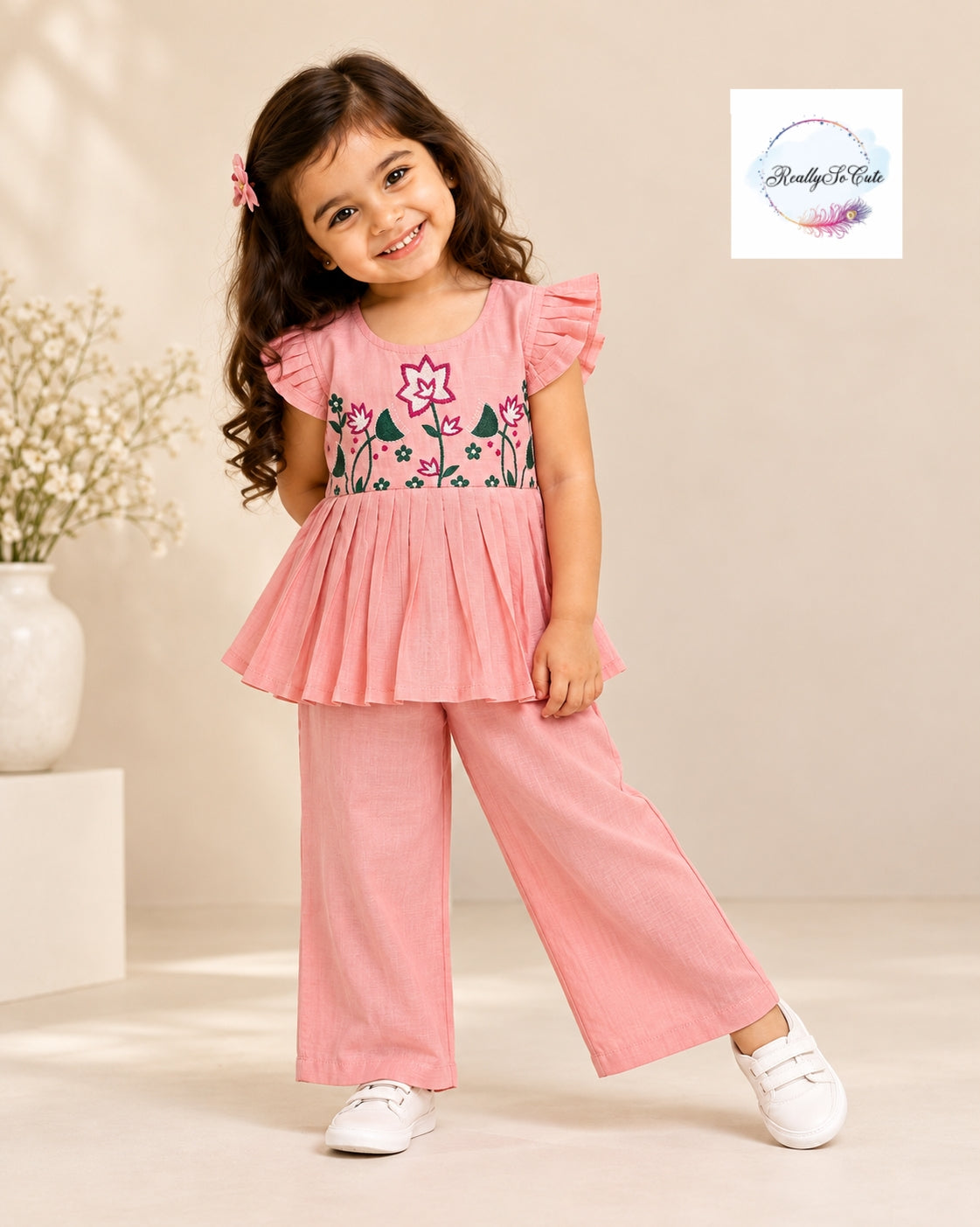Girls Pink Floral Embroidered Chanderi Muslin Peplum Top & Pant Set