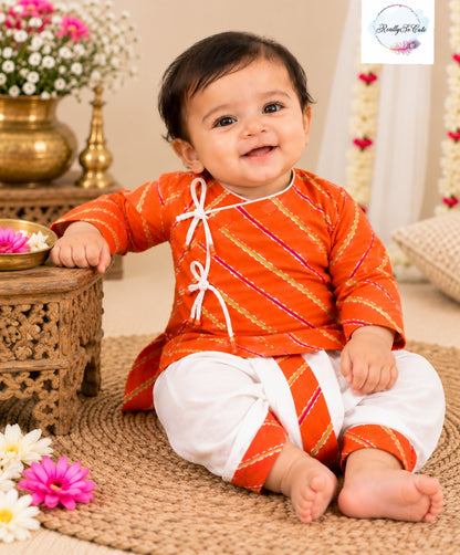 Baby Orange Leheriya Print Pure Cotton Angrakha Kurta & Dhoti Set | 0–2Y