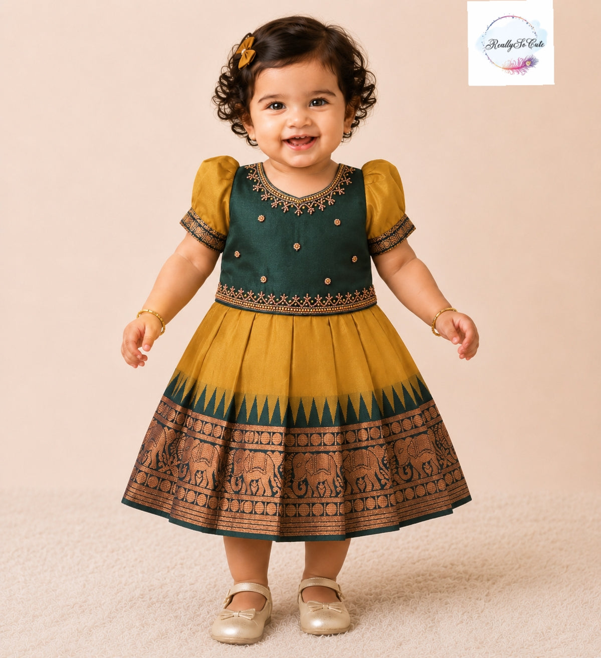 Mustard & Emerald Green Pattu Baby Girl Dress with Handwork | Semi Silk