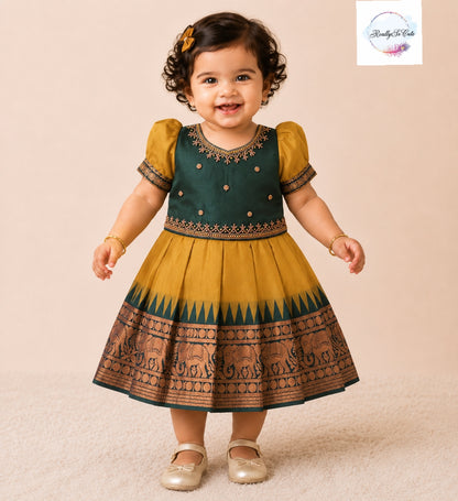 Mustard & Emerald Green Pattu Baby Girl Dress with Handwork | Semi Silk