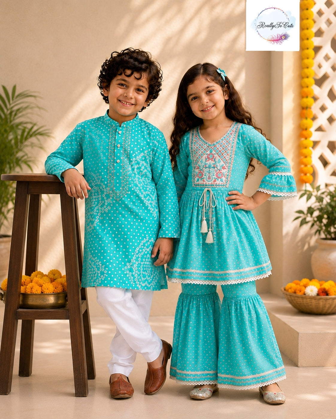 Aqua Blue Pure Cotton Girls Sharara Set |