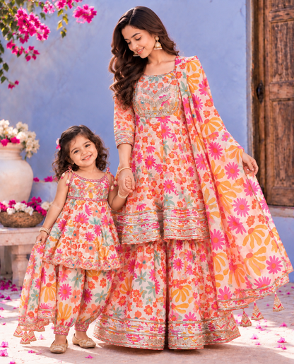 Girls Multicolor Printed Pure Cotton kurti pant Set with Dupatta | Festive Ethnic Wear