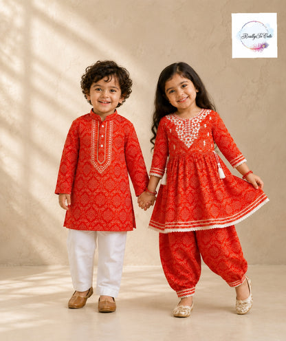 Rust Pure Cotton Mirror Work Kurta Pajama Set for Boys