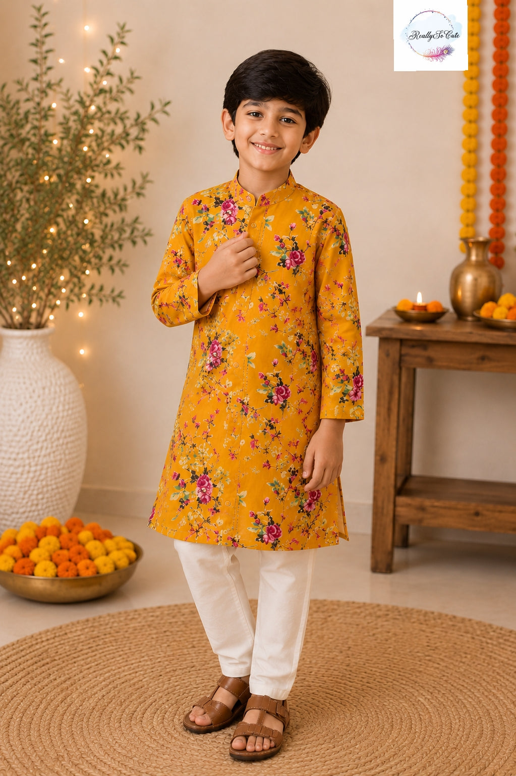 Mustard Floral Pure Cotton Boys Kurta Pajama Set | Sibling Matching Outfit