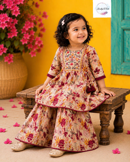 Beige Floral Cotton Sharara Set for Girls | Embroidered Ethnic Wear with Tassel Tie | Sizes 18M–10 Years