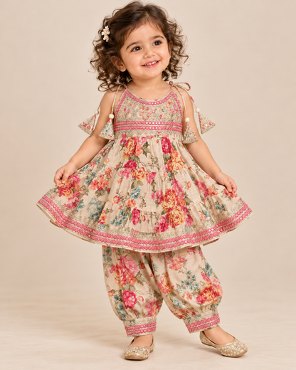 Girls Floral Print Muslin Cotton Kurti with Afghani Pants Set | Traditional Ethnic Wear
