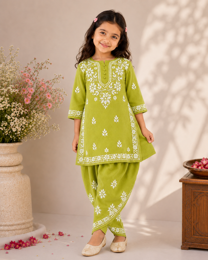 Green Handwork Chikankari Modal Cotton Dhoti Set for Girls
